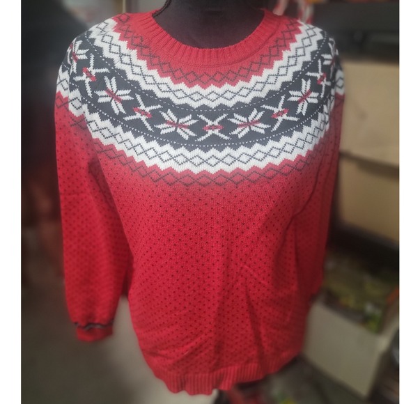 Talbots Sweaters - Talbots Red Fair Isle Snowflake Crewneck Sweater Womens Medium Cotton Merino